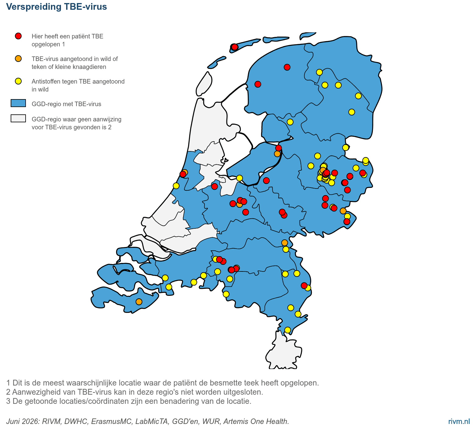 RIVM-kaart van Nederland met de verspreiding van het TBE-virus. De kaart toont GGD-regio’s waar het virus is aangetoond en locaties van patiënten, besmette teken of kleine knaagdieren en antistoffen bij wilde dieren.